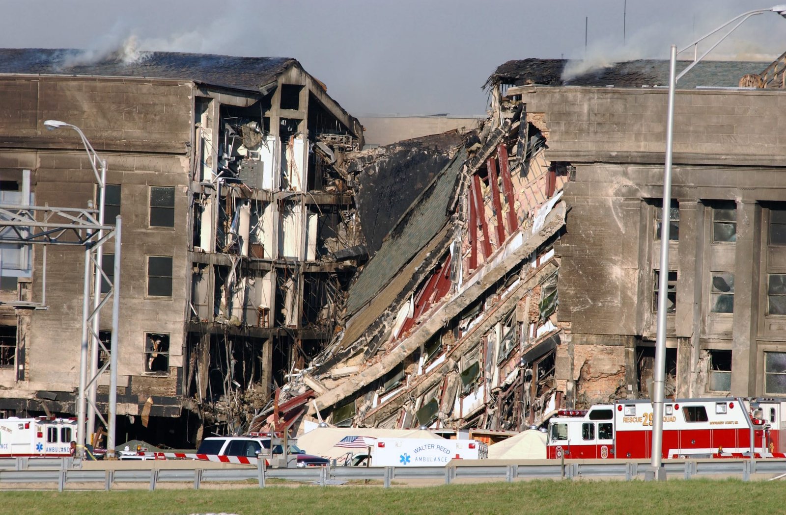 TA view of the damage done to the Western Ring of the Pentagon Building after American Airlines Flight 77 was piloted by terrorists into the building.
